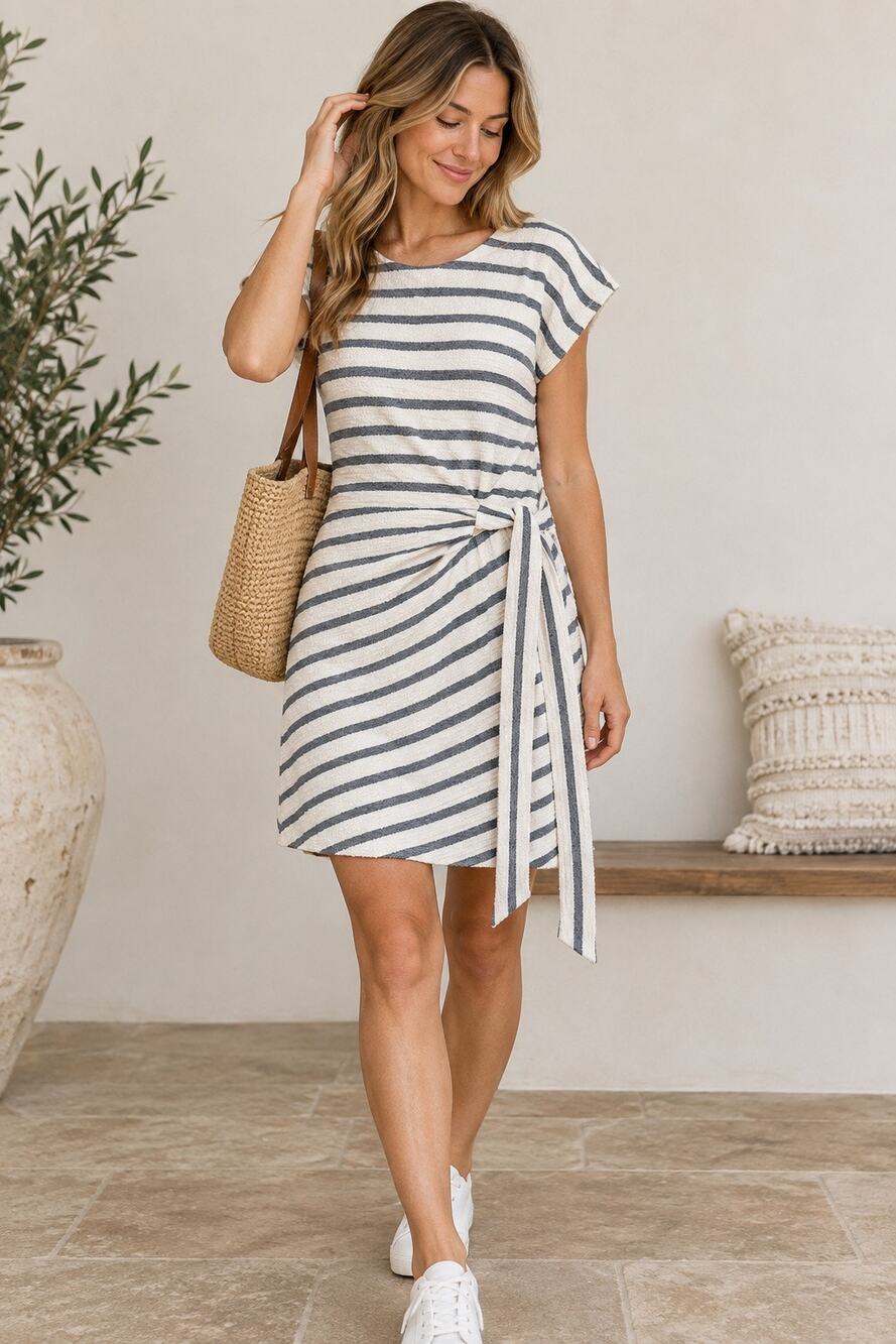 Saturday Sunday Anthropologie Striped Side Tie Dress XS Ivory Gray $128